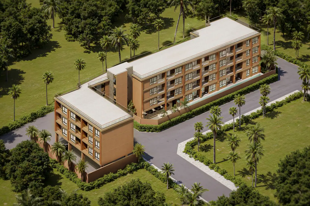 Aerial render of the condominium building