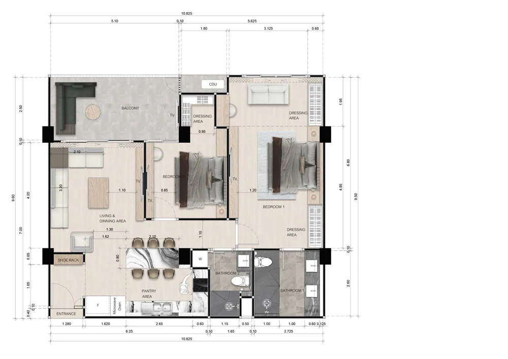 Zensiri Residences Jomtien, 2 bedroom unit plan