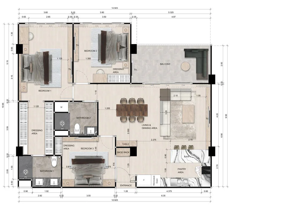 Zensiri Residences Jomtien, 3 bedroom unit plan