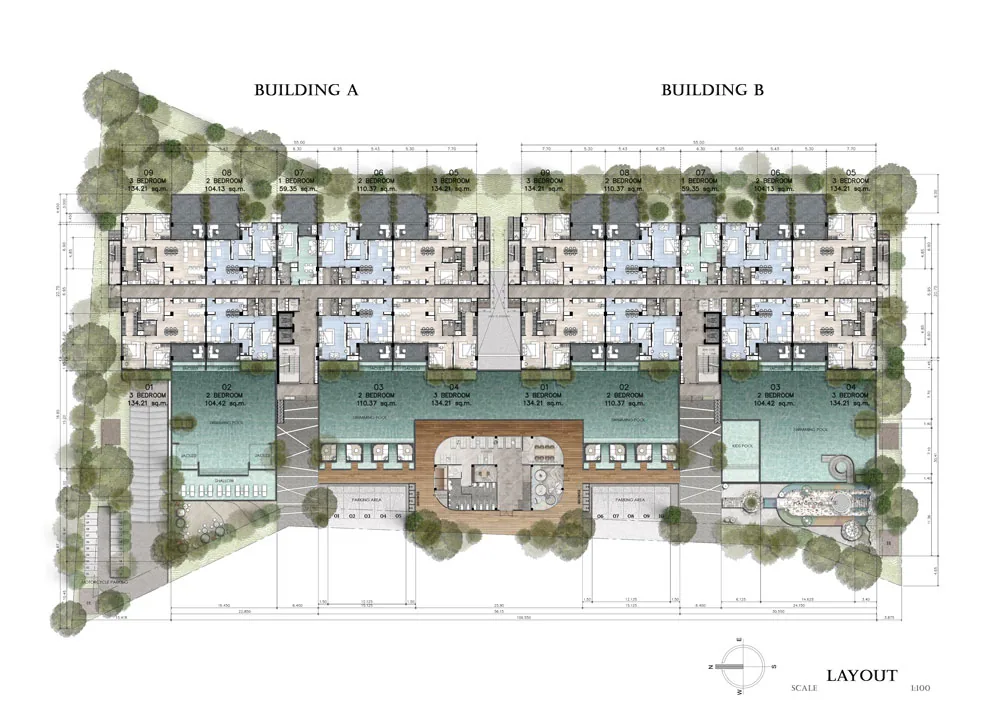 Zensiri Residences Jomtien, site layout, Buildings A and B